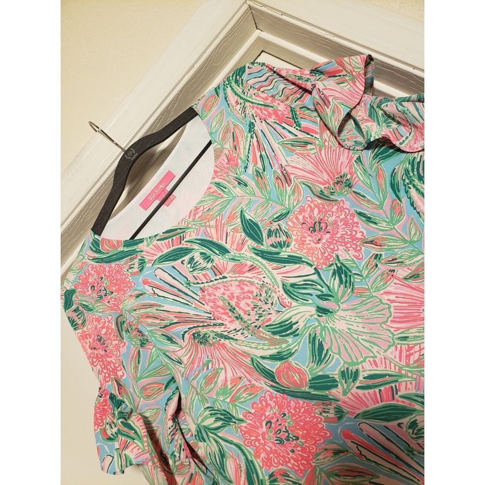 Women's Lilly Pulitzer Ruffle Sleeve Lined Beldon Floral Short Sleeve Top Small - Picture 2 of 5